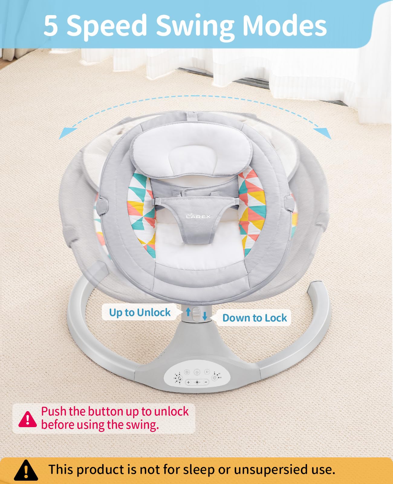 LAREX Baby Swings Electric Baby Swing Bluetooth Infant Swing Portable Rocker with 5 Speeds, 1 Seat Position, Remote Control, Grey