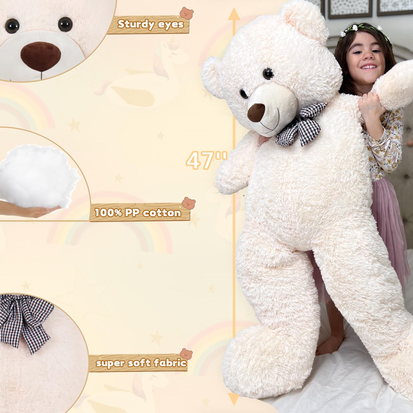 51 inch Big Teddy Bear Cute Giant Stuffed Animals Soft Plush Toy for Girlfriend Kids for Birthday Christmas Valentine's Day