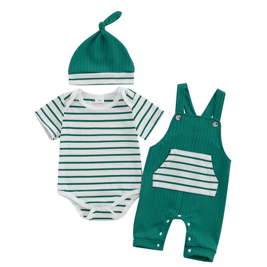 Newborn Baby Boy Summer Clothes Stripe Short Sleeve Romper Suspender Pants Hat 3Pcs Set Cute Coming Home Outfit