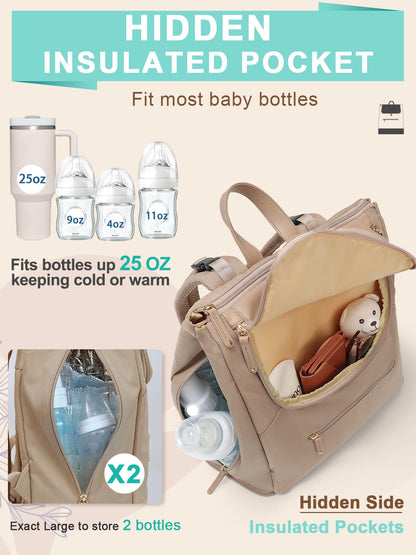 MOMINSIDE Diaper Bag Backpack - Large Baby Diaper Bag with 14 Pocket, Leather & Nylon Travel Diaper Backpack for Mom, Breast Pump Bag, Removable Cooler Compartment, Double Layer, Black