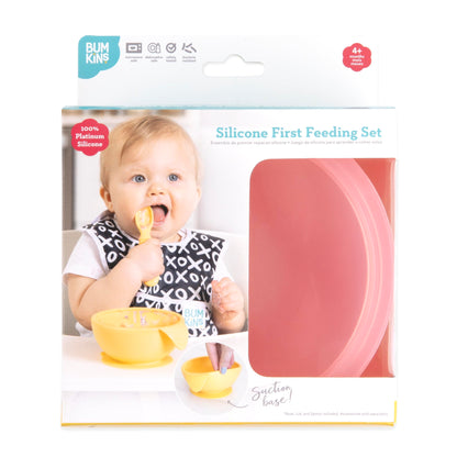 Bumkins Baby Bowls, Disney Minnie Mouse Silicone Baby Feeding Set, Suction Bowls for Baby and Toddler with Spoon, First Feeding Set, Platinum Silicone Bowl for Babies 4 Months