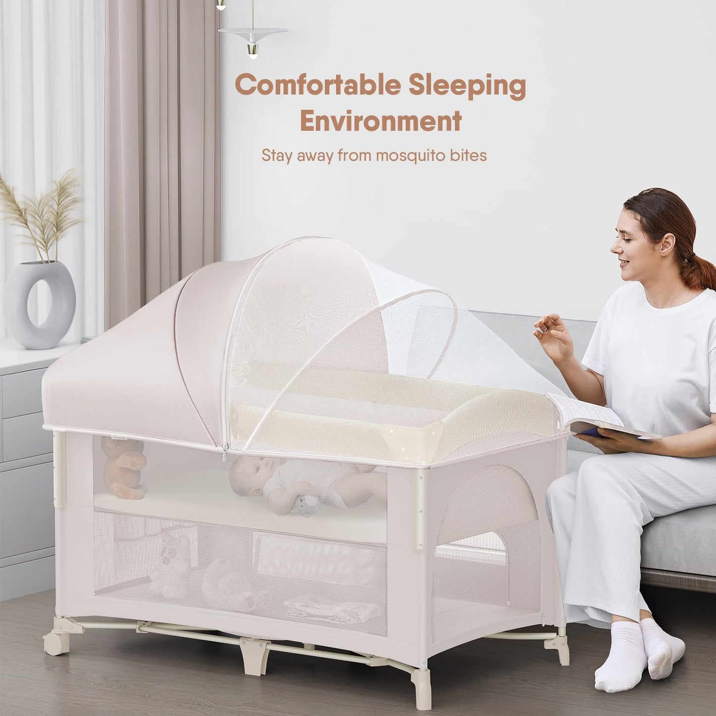4 in 1 Baby Bassinet, Pack and Play, Bedside Crib Sleeper, Diaper Changer - Comes with Mattress, Mosquito Net，Bottom Storage and Toy Bar for Newborn to Toddles