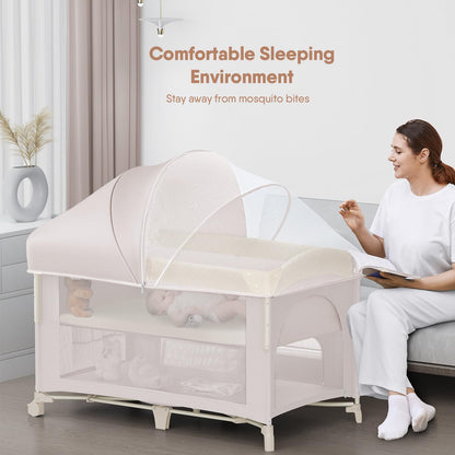 4 in 1 Baby Bassinet, Pack and Play, Bedside Crib Sleeper, Diaper Changer - Comes with Mattress, Mosquito Net，Bottom Storage and Toy Bar for Newborn to Toddles