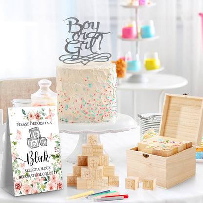 Marsui 136 Pcs Baby Shower Blocks to Decorate Game Kit Includes 98 Wooden Blocks, 36 Markers, 1 Game Sign, 1 Storage Box for Baby Shower Gender Reveal Activity Party Decorations(Pink Elephant)