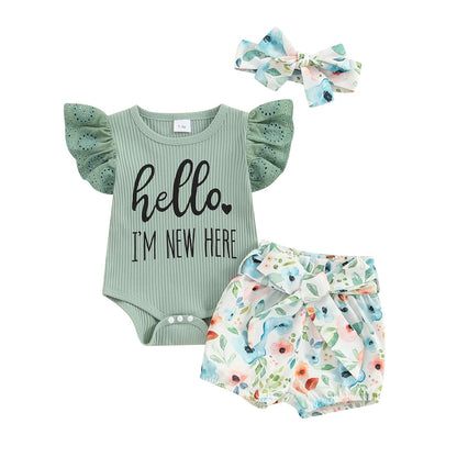 Hello World Newborn Outfit Baby Girl Going Home Outfit Ruffle Ribbed Romper Top Floral Pants Set Cute Summer Clothes