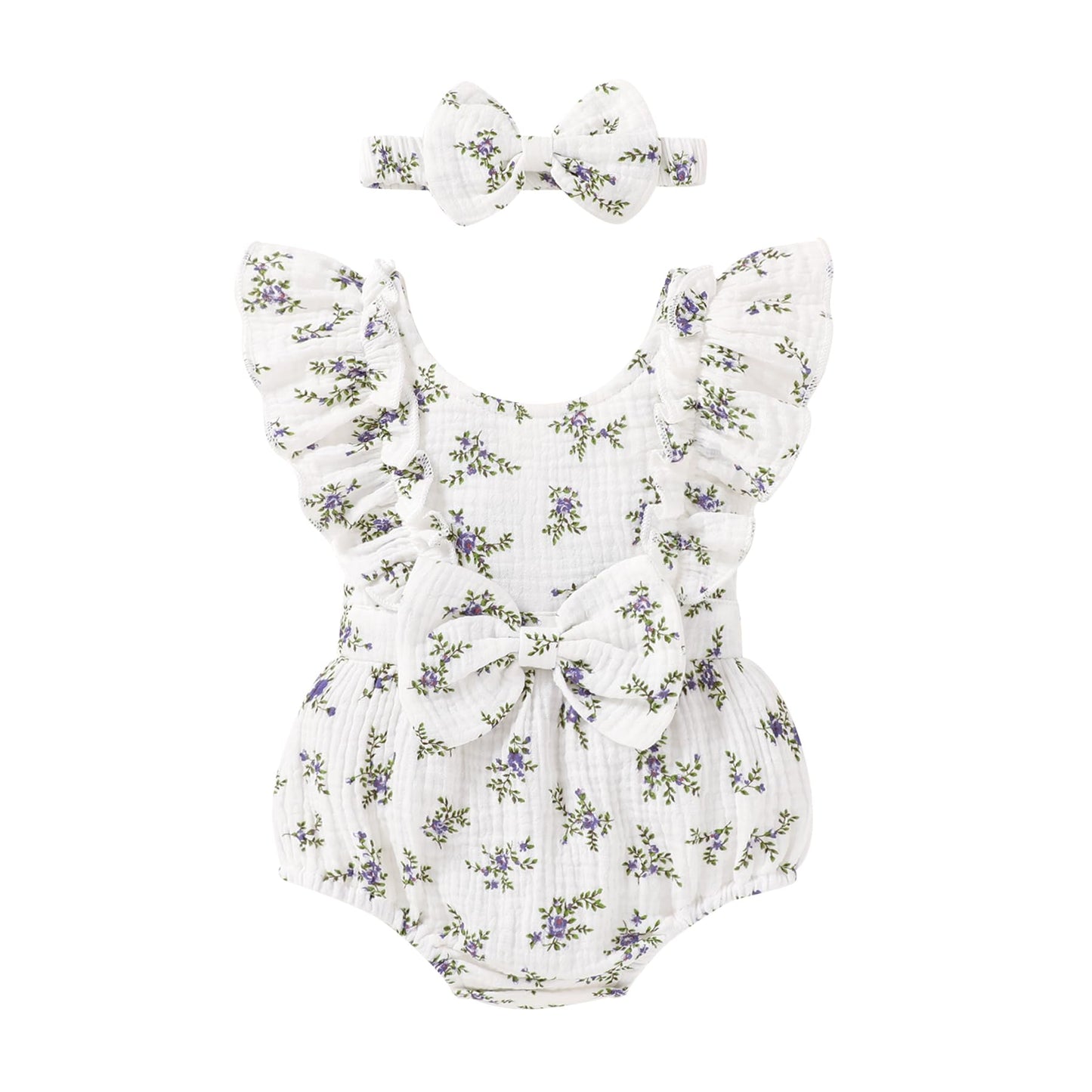 YOUNGER TREE Newborn Baby Girl Clothes Ruffle Sleeve Rompers Infant Backless Floral Jumpsuit Summer Outfits with Headband