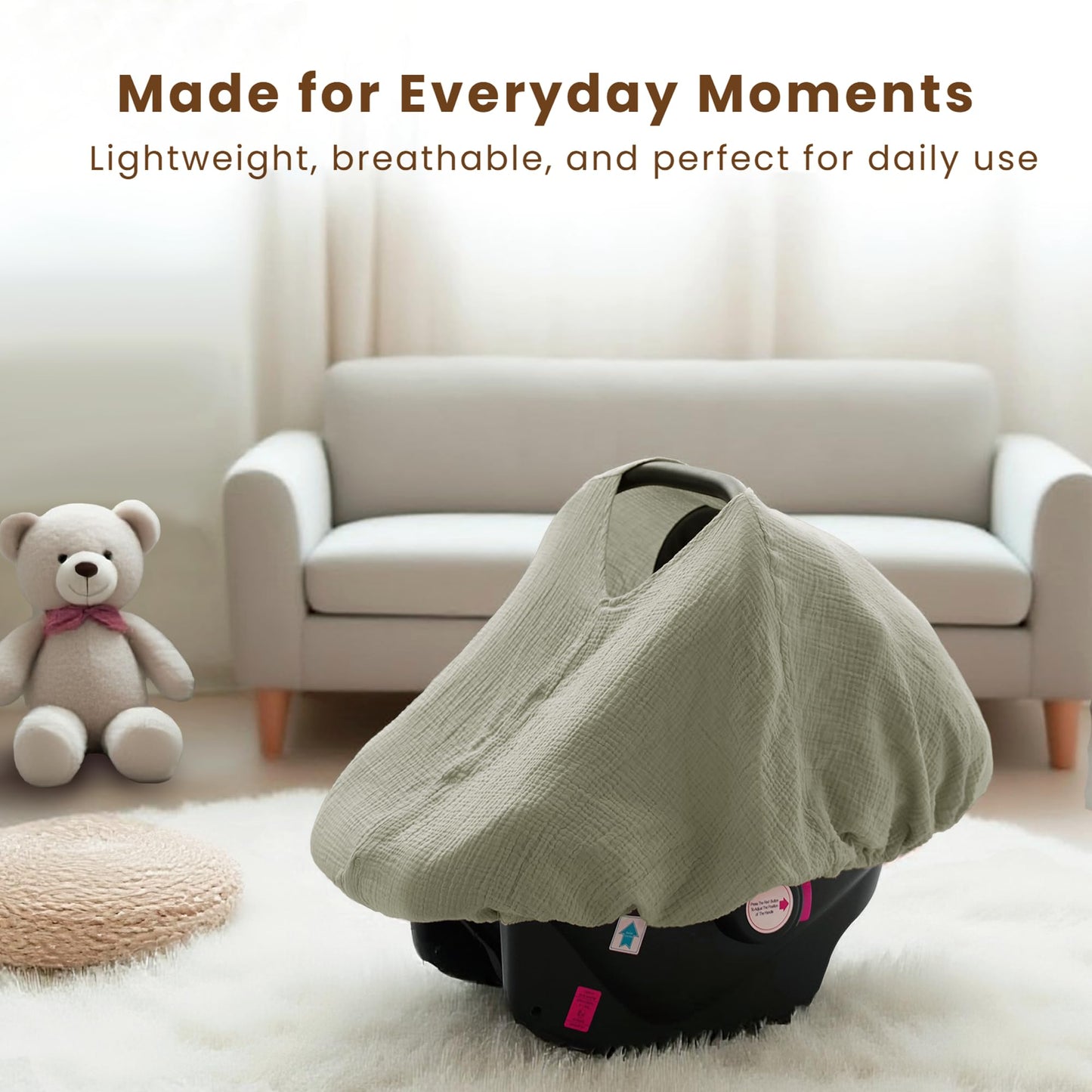 Konssy Car Seat Cover for Baby, Muslin Cotton Button Open Stroller Canopy for Babies Shower Gifts and Registry Search, Breathable Infant Sunshade Cover, Must Have for Unisex Boys and Girls, Fog Green