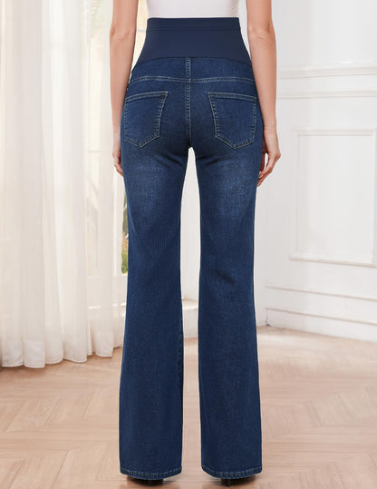 GLAMIX Women's Stretch Maternity Bootcut Jeans with Pockets Over The Belly Bell Bottoms Flare Denim Pants Pregnancy Clothes