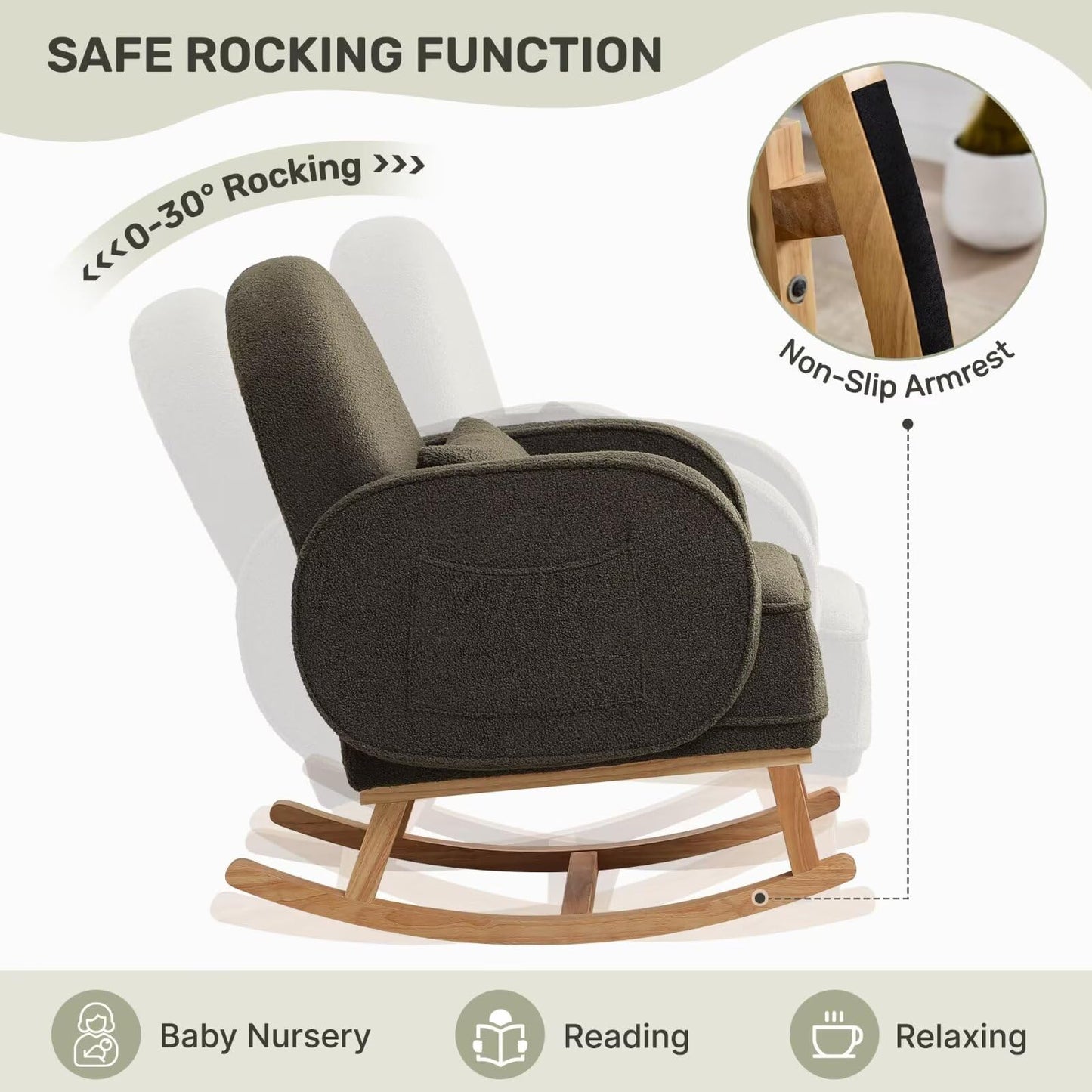 Rocking Chair with Ottoman, Upholstered Glider Rocker with High Backrest and Side Pocket, Rocking Accent Armchair with Solid Wood Legs for Nursery, Living Room, Bedroom Green