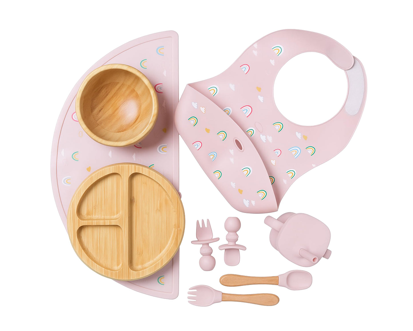Bamboo Baby Feeding Set for Infants & Toddlers - Baby Essentials, Non-Toxic, Sustainable, Bamboo Suction Plate & Bowl, Bib, Sippy Cup w/Lid & Straw, Daily Use, Travel, Baby Shower Gifts (Pink)