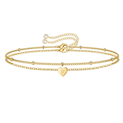 Turandoss Dainty Heart Initial Bracelets for Women Girls, 14K Gold Filled Handmade Personalized Letter Layered Heart Initial Bracelets for Women Teen Girls Jewelry Gifts
