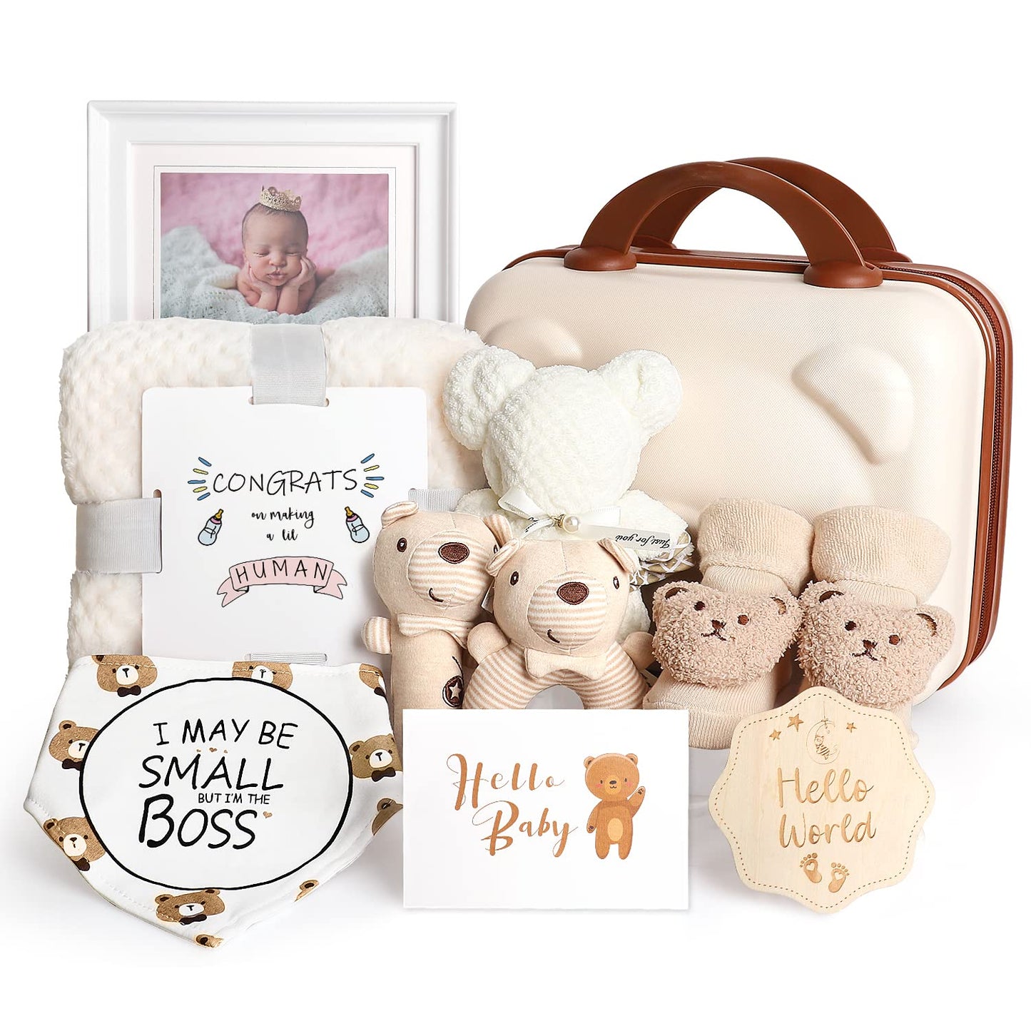 Baby Gift Set, Baby Shower Gifts for Girls Boys, Bear New Baby Gift Basket Include Newborn Rattle Blanket Wooden Keepsake Milestone Cute Bibs Socks Greeting Card, Baby Gift Essentials Stuff