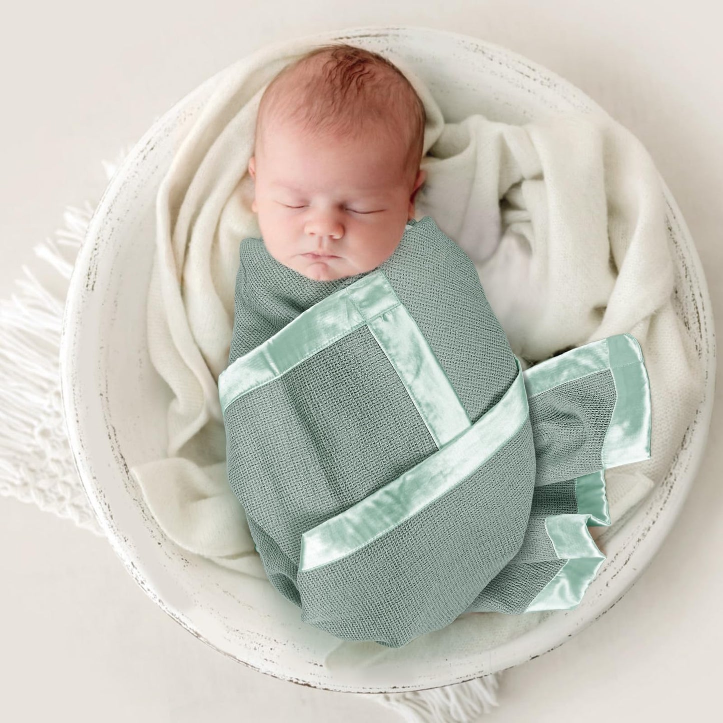 Swaddle Baby Blanket: Waffle Blanket with Satin Strim - Soft Breathable Toddler Blanket for Nursing Cover - Cotton Crib Blanket for Naptime（Cream）