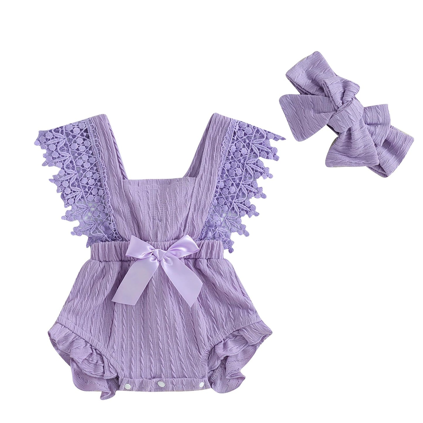Newborn Baby Girl Lace Romper Ruffle Sleeveless Backless One Piece Jumpsuit Bodysuit with Headband Summer Clothes