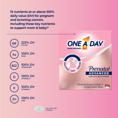ONE A DAY Women’s Prenatal Advanced Complete Multivitamin with Brain Support* with Choline, Folic Acid, Omega-3 DHA & Iron for Pre, During & Post Pregnancy, 60+60 Ct (120 Total) (Packaging May Vary)