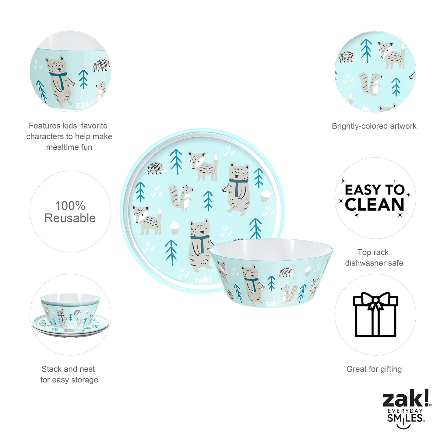 Zak Designs 5-Piece Dinnerware Set, Baby Shark - Durable Plastic & Stainless Steel - Includes Water Bottle, 8-Inch Plate, 6-Inch Bowl, Fork & Spoon - Suitable for Kids Ages 3+