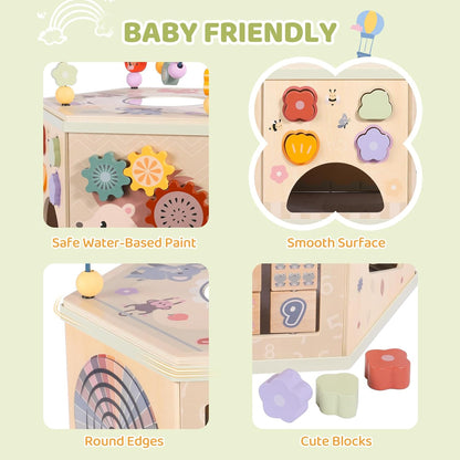Large Wooden Activity Cube for Toddlers, 9 in 1 Educational Baby Activity Cube, Montessori Toys for 1+ Year Old Boys & Girls, Cute Zoo Theme Baby Cube Toy Sorting & Stacking Game, 1st Birthday Gift