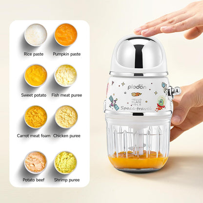 Baby Food Maker Mini Cute and Small Food Processor Puree Blender Grinder Chopper 300ml Cup Glass Bowl with 8 Blade Electric (Spaceman-Blue)