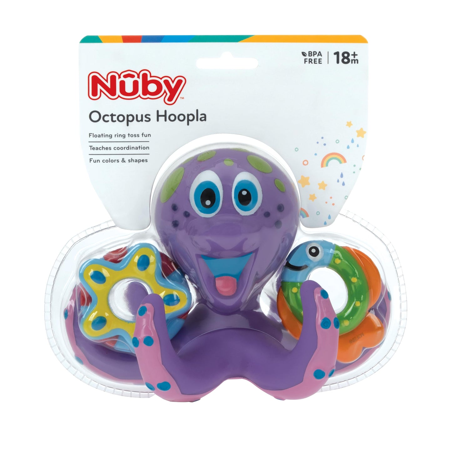 Nuby Floating Octopus Toy with 3 Hoopla Rings - Baby Bath Toy for Boys and Girls - 18+ Months - Purple (Pack of 1)