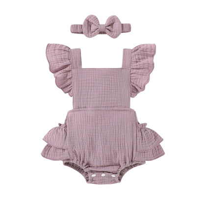 Happy Town Baby Girl Clothes Toddler Summer Linen Romper Sleeveless Ruffle Outfits Infant Girls Jumpsuit with Headband