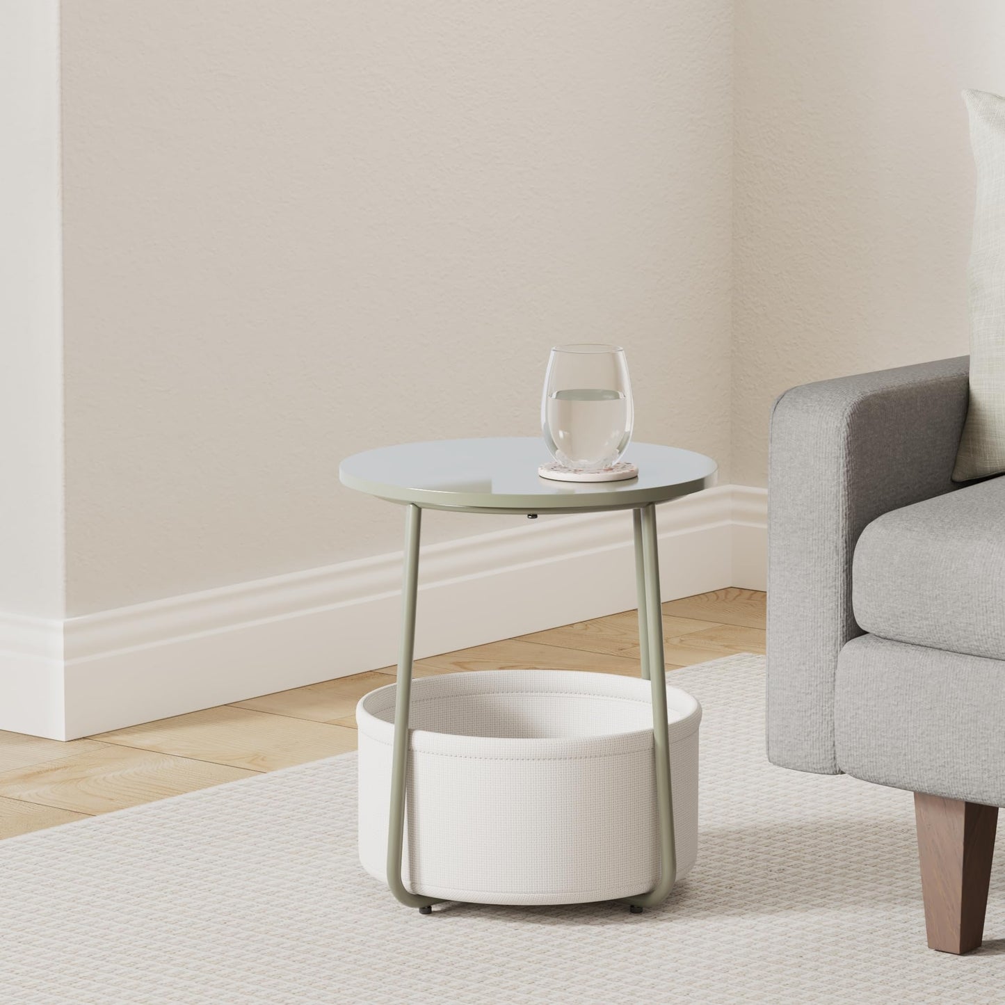 VASAGLE End Table, Small Bedside Table with Fabric Basket, Modern Nightstand, Round Side Table, for Living Room, Bedroom, Matte White and Camel Brown ULET223W10