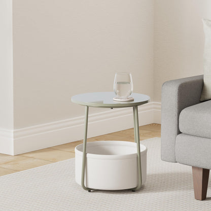 VASAGLE End Table, Small Bedside Table with Fabric Basket, Modern Nightstand, Round Side Table, for Living Room, Bedroom, Matte White and Camel Brown ULET223W10