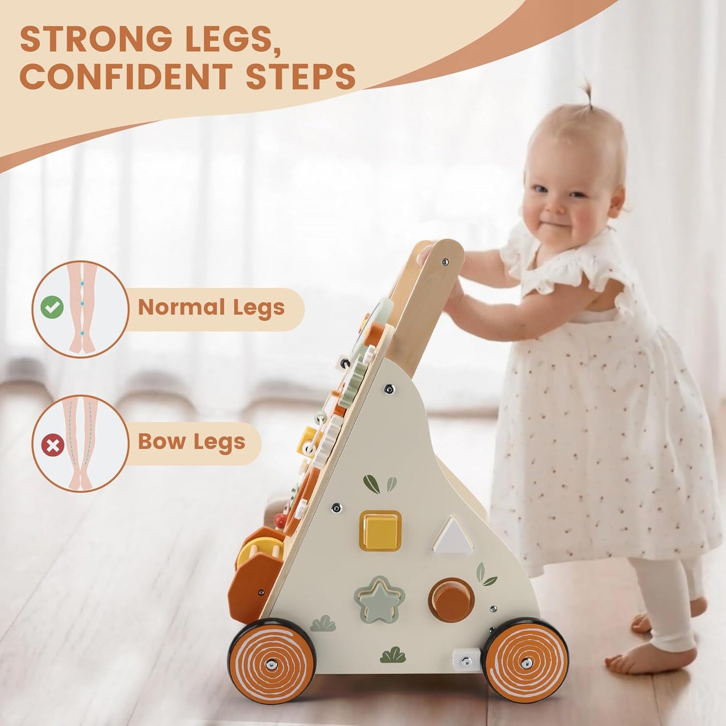Wooden Baby Walker, Baby Push Walker with Activity Center for Girls Boys, Push Walker Toys for Babies Learning to Walk, Sit-to-Stand, for 10-12 Months 1 2 3 Years Old