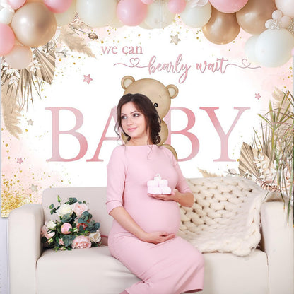 Mocsicka Girl Bear Backdrop Pink Boho Pampas Grass Background We Can Bearly Wait Baby Shower Party Cake Table Decoration Photo Booth Props (7x5ft)