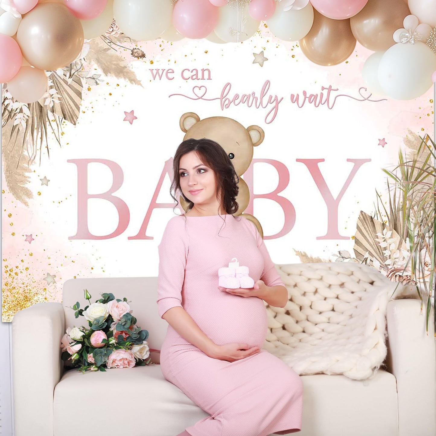 Mocsicka Girl Bear Backdrop Pink Boho Pampas Grass Background We Can Bearly Wait Baby Shower Party Cake Table Decoration Photo Booth Props (7x5ft)