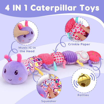 Baby Sensory Toy 0-6 Month Music Animal Stuffed Plush Caterpillar Toy for Infant 0-3-6 Month Tummy Time with Baby Mirror Crinkle Rattle for 6-12 Month Carseat Toy for Newborn Boys Girls Shower Gifts