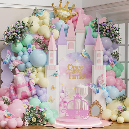 Princess Birthday Party Decorations 150Pcs Pastel Macaron Princess Balloon Arch Garland Kit with Crown and Castle Foil Balloon for Princess Theme Birthday Baby Shower Party Decorations