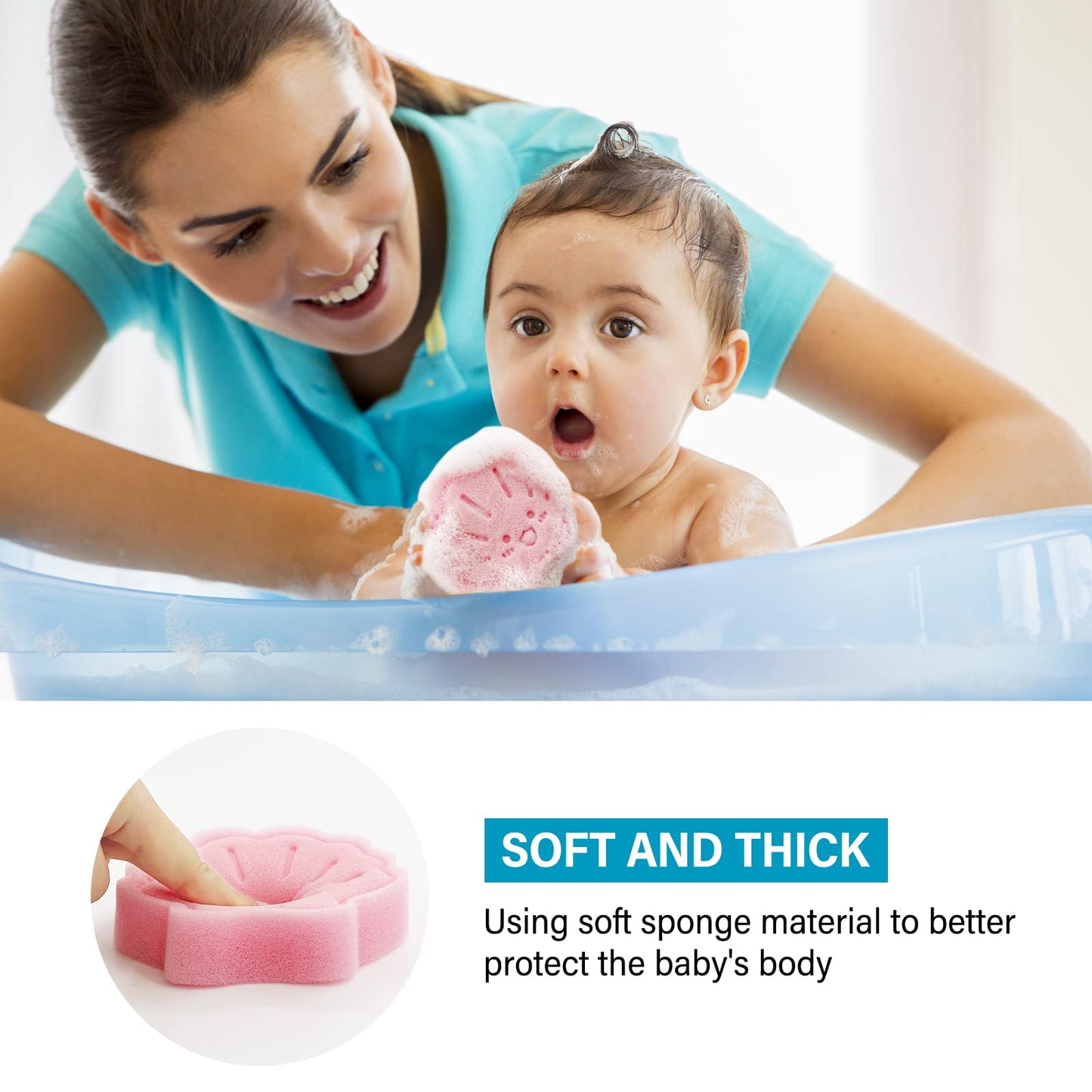 Baby Bath Sponge, Natural Cute Shapes Soft Shower Sponges for Bathing, Bathtub Foam for Infants and Toddler, 3pcs : Blue Dolphin, Pink Shell, Green Turtle