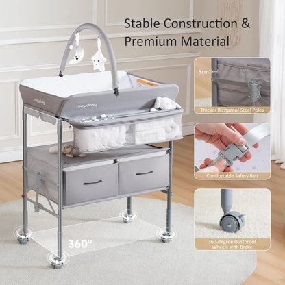 Baby Changing Table with Wheels, Maydolly Portable Foldable Changing Table, Waterproof Diaper Changing Station, Adjustable Height Changing Station, Mobile Nursery for Newborn and Infant (Grey)