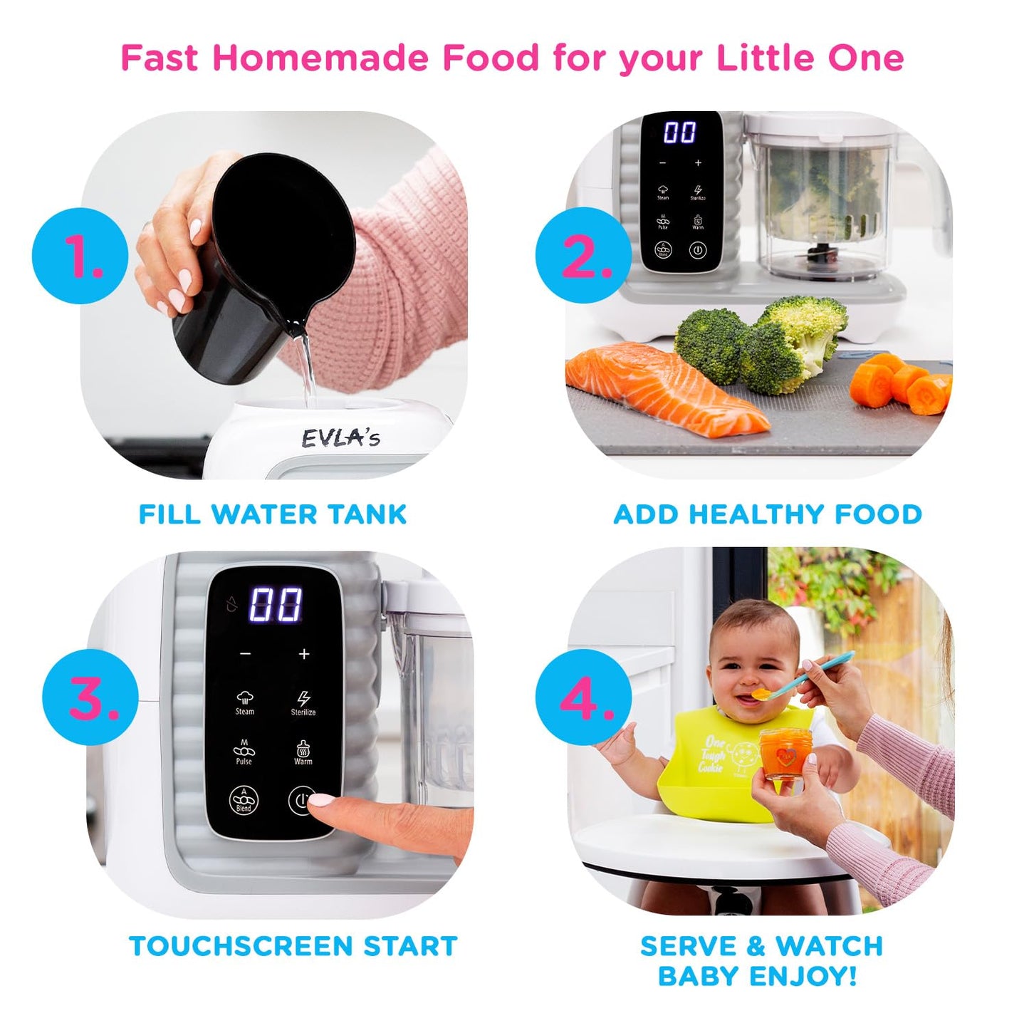 EVLA'S Baby Food Maker, Steamer, Blender, Baby Food Processor for Healthy Homemade Baby Food in Minutes, Touch Screen with 6 Reusable Food Pouches, Baby Registry Essential, White