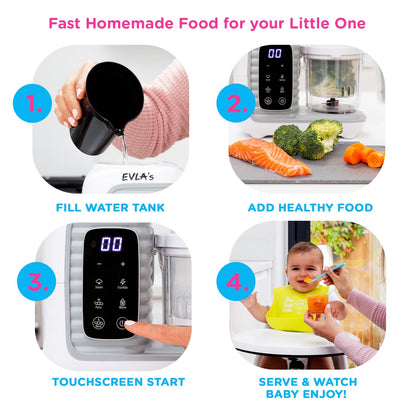 EVLA'S Baby Food Maker, Steamer, Blender, Baby Food Processor for Healthy Homemade Baby Food in Minutes, Touch Screen with 6 Reusable Food Pouches, Baby Registry Essential, White