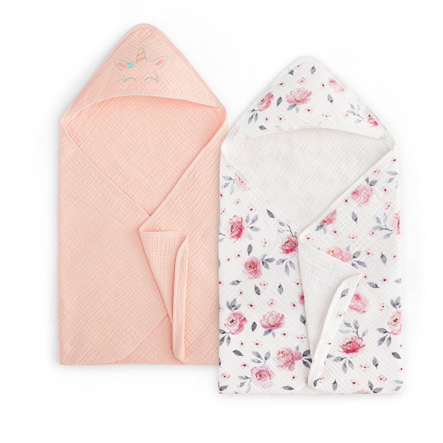 PHF 2 Pack Baby Hooded Towels, 100% Muslin Cotton Baby Bath Towel with Hood for Newborn, Infant, Toddler, Ultra Soft and Absorbent Baby Essentials Bath Towels for Girls, 32x32Inch, Floral