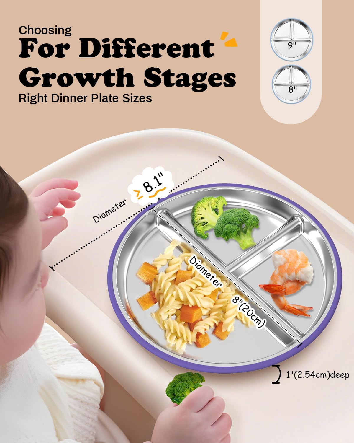 Stainless Steel Baby Plate with Suction, 9” Divided Toddler Plates with Removable Silicone Sleeves for Kids, Non-Toxic Non-Slip Unbreakable Dishwasher Safe Dinnerware Set of 2, Pink & Beige