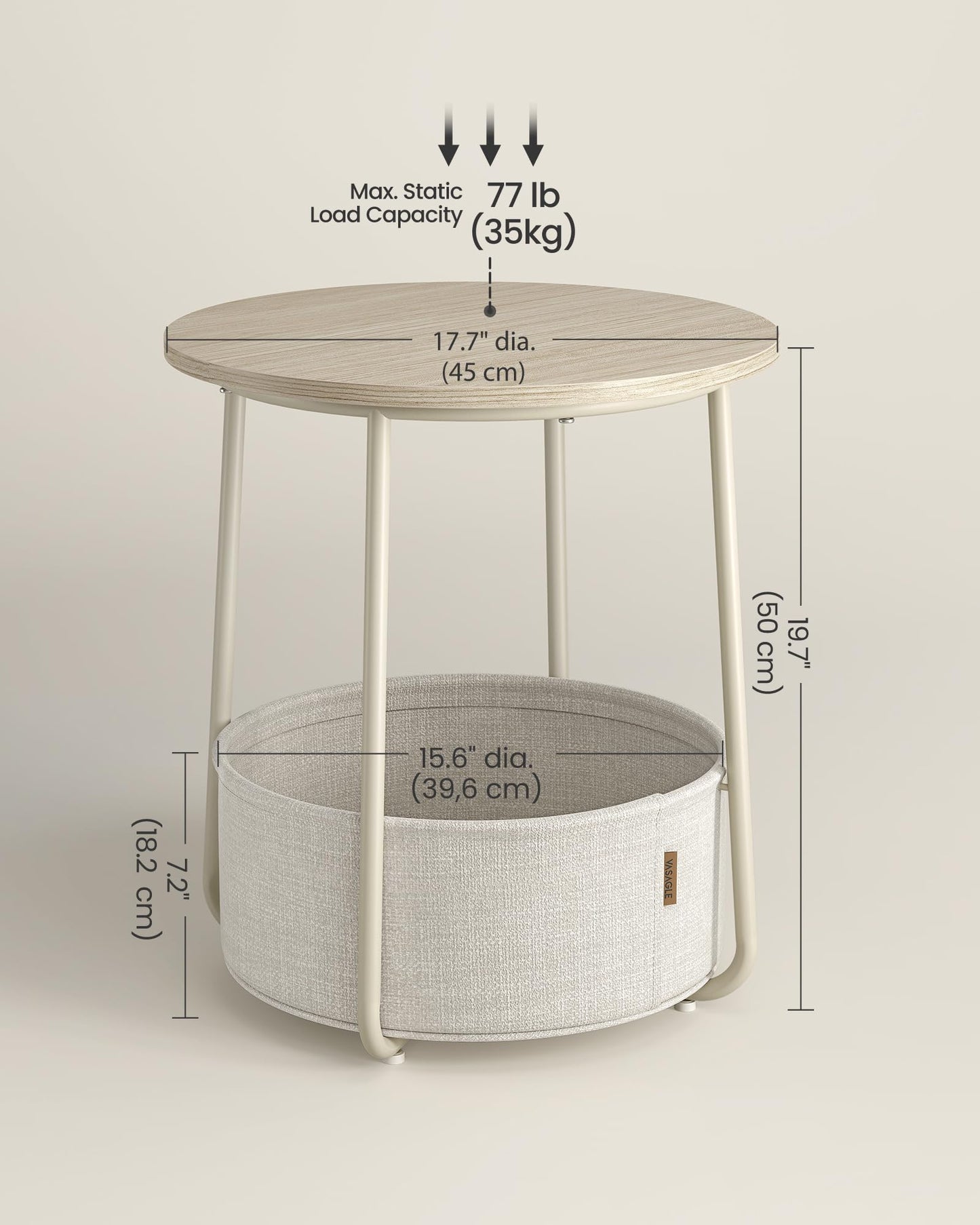 VASAGLE End Table, Small Bedside Table with Fabric Basket, Modern Nightstand, Round Side Table, for Living Room, Bedroom, Matte White and Camel Brown ULET223W10