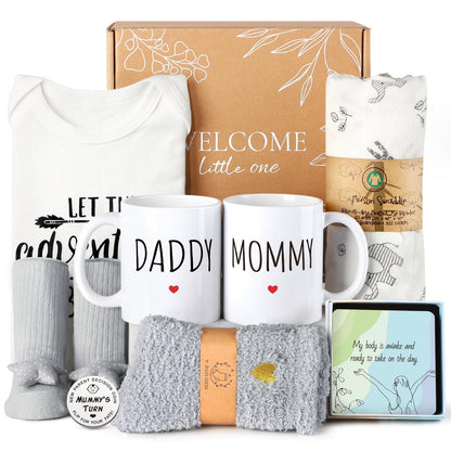 New Mom Gifts for Women, 9pcs Pregnancy Gifts for Expecting Mom, Cute Baby Gifts New Parents Gifts for Couples with Mom and Dad Mugs for Gender Reveal, Baby Shower, First Time Mom Gifts (Blue Gray)