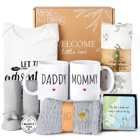 New Mom Gifts for Women, 9pcs Pregnancy Gifts for Expecting Mom, Cute Baby Gifts New Parents Gifts for Couples with Mom and Dad Mugs for Gender Reveal, Baby Shower, First Time Mom Gifts (Blue Gray)