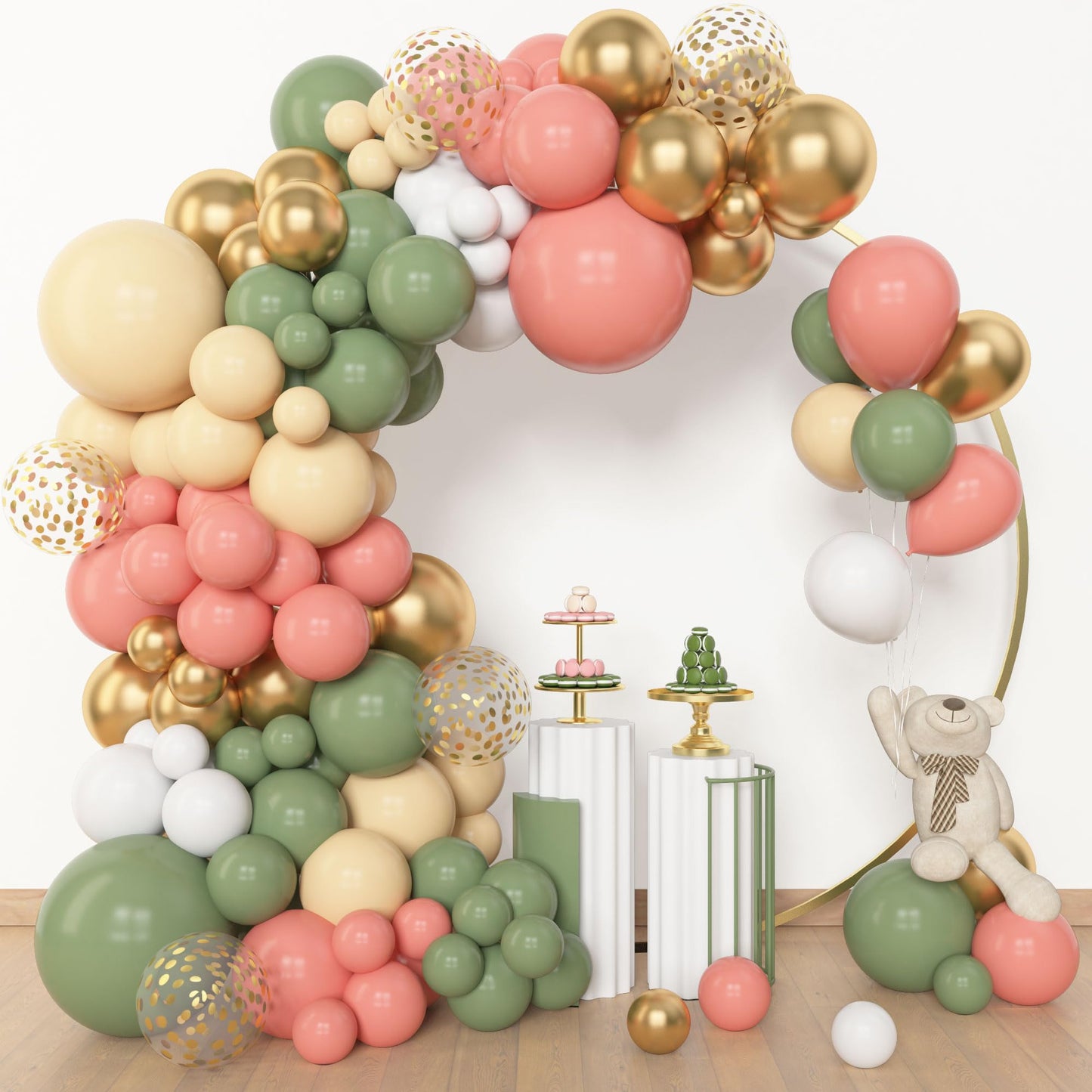 Amandir 153pcs Sage Green Balloon Garland Arch Kit, Different Sizes 18 12 10 5 inch Green Blush Gold Latex Metallic Confetti Gold Balloons for Birthday Baby Shower Wedding Safari Forest Decorations