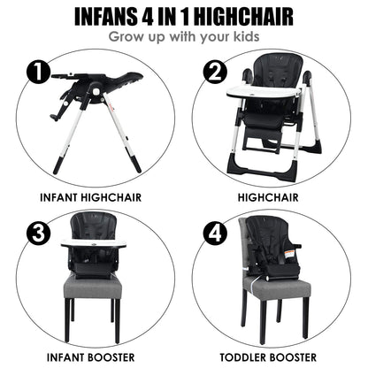 INFANS High Chair for Babies & Toddlers, Foldable Highchair with Multiple Adjustable Backrest, Footrest and Seat Height, Removable Tray, Detachable PU Leather Cushion, Built-in Rear Wheels (Black)