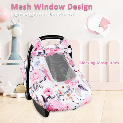 Pea Pod Car Seat Cover Baby, Infant Car Seat Canopy Covers for Newborn with 2 Layers Windows of Breathable Mesh Fabric, Lightweight Polyester/Soft Minky Dot Backing (Floral & Rainbow)