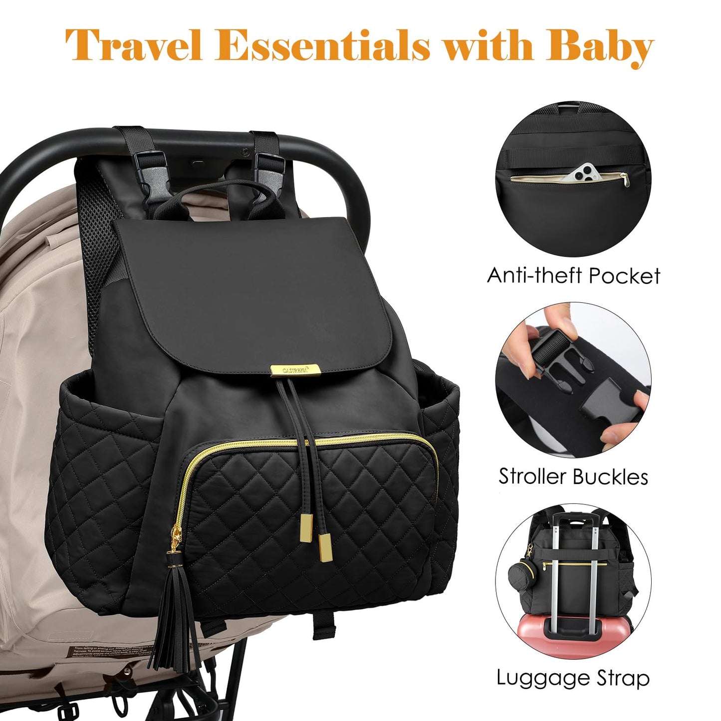 CASIRENA Diaper Bag Backpack, Small Baby Diaper Bag, Stylish Water-Resistant Diaper Backpack for Mom, Cute Travel Baby Bag for Girl Boy with Changing Pad,Stroller Buckles,Insulated Pockets (Khaki)