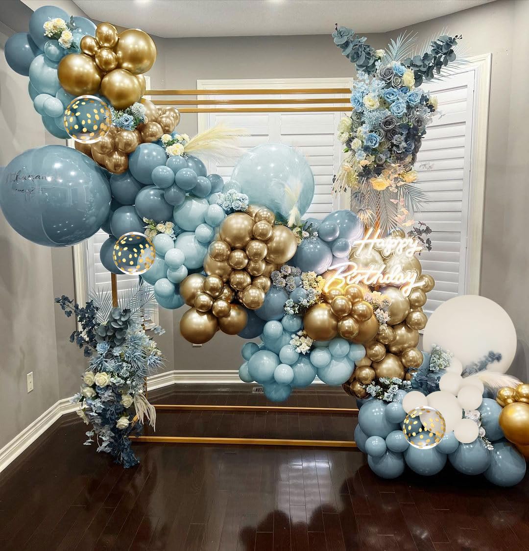 Dusty Blue Balloon Arch Kit, Dusty Baby Blue Balloons Arch Kit With Metallic Gold Sand White Gold Confetti Balloons for Wedding Bridal Shower Boy Birthday Party Baby Shower Decorations