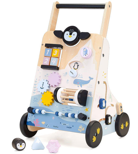 PairPear Wooden Baby Walker, Baby Push Walker, Montessori Walker Toy with Activity Center for Girls Boys, Adjustable Speed Baby Walker for Kids Development