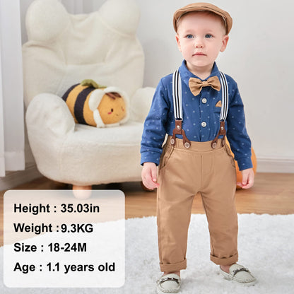 WESIDOM Baby Boy Clothes 0-18M Newborn Infant Gentleman Outfit, Shirt+Bowtie+Beret+Suspender Pant Baby boy Suit Clothing Set