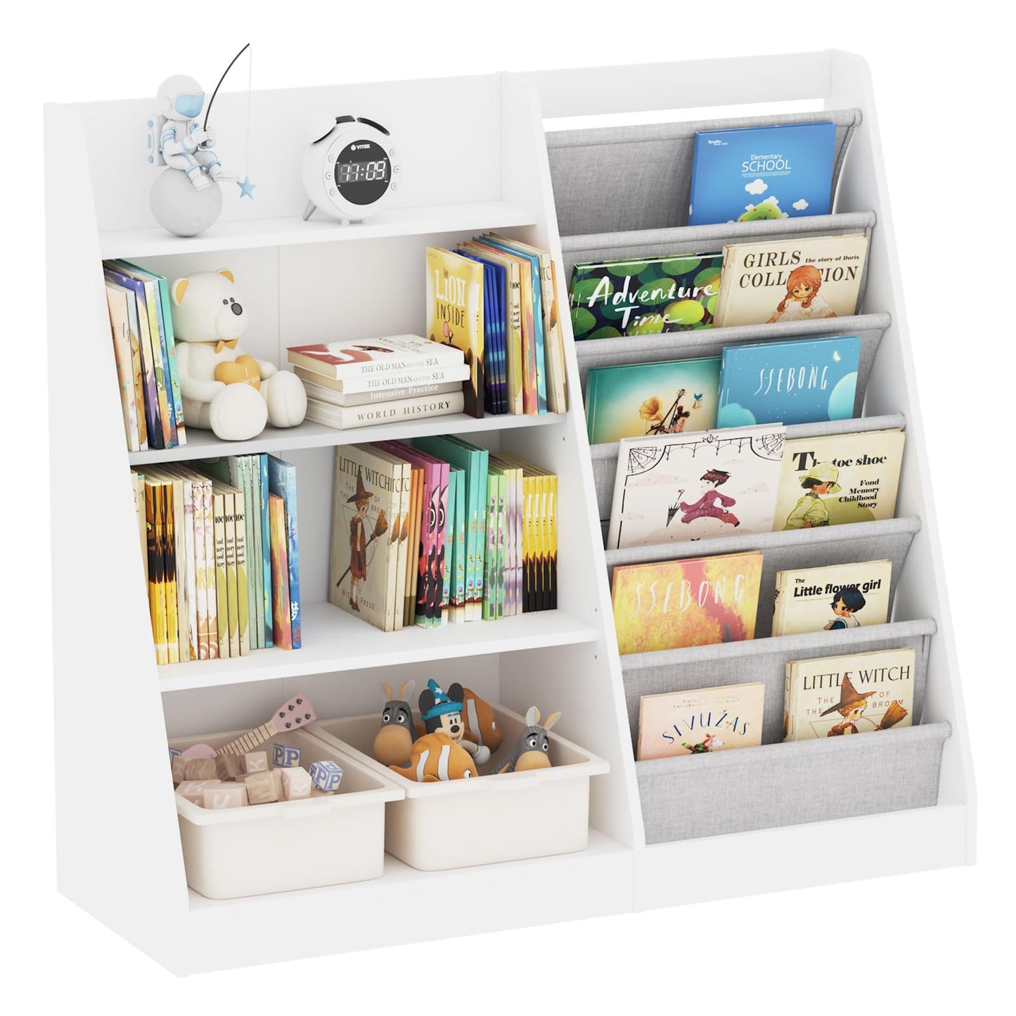 White Kids Bookshelf Wood Toy Storage Organizer Cabinet Children Bookcase Toddler Baby Sling Book Rack 3 Cube Bins Fabric Drawers for Playroom Bedroom Nursery School