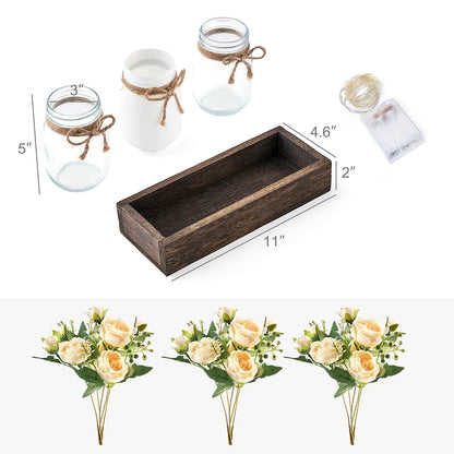 Mkono Mason Jar Lights Centerpiece Table Decor for Dining Room Farmhouse Wood Tray with 3 Jars Flowers Summer Decoration for Coffee Table Kitchen Living Room Wedding