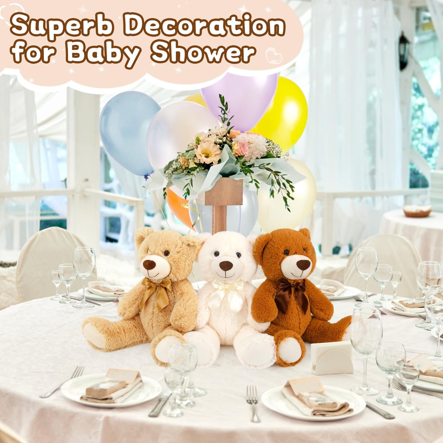 MorisMos 6Pcs Teddy Bears Bulk Baby Shower, 14inch Cute Teddy Bear Stuffed Animals Plush, Small Stuffed Bears on Centerpiece Baby Shower, White